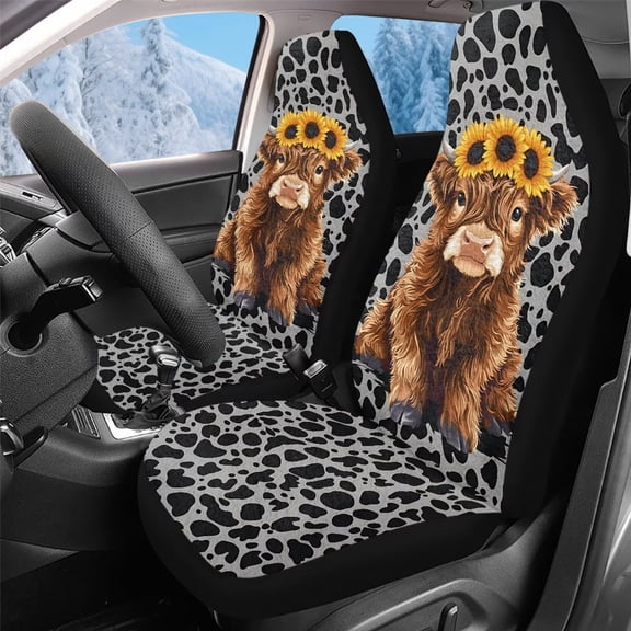 Uorisanigo Car Seat Covers, 2 Pack Front Seat Covers, Fluffy Baby Highland Cow Print Automotive Seats Cover for Auto Interior Accessories with Soft Fuzzy Non-Slip