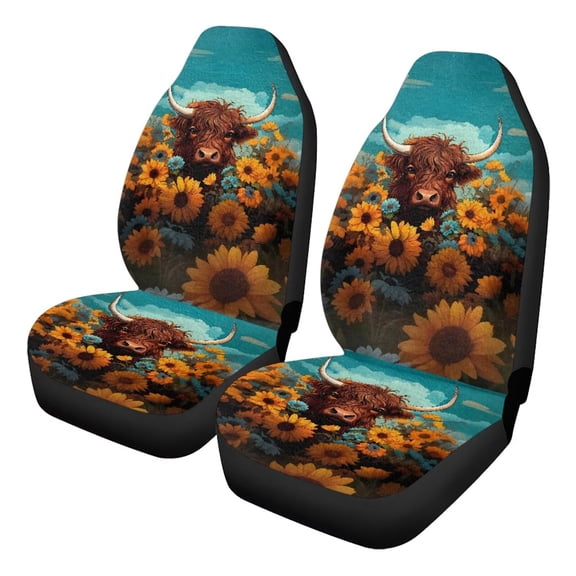 Uorisanigo Car Seat Covers 2 Pcs - Sunflower Highland Cow High Back Front Seat Covers Anti-Slip Soft Flurry Bucket Seats Cover for Trucks Van SUV Not Airbag Compatible