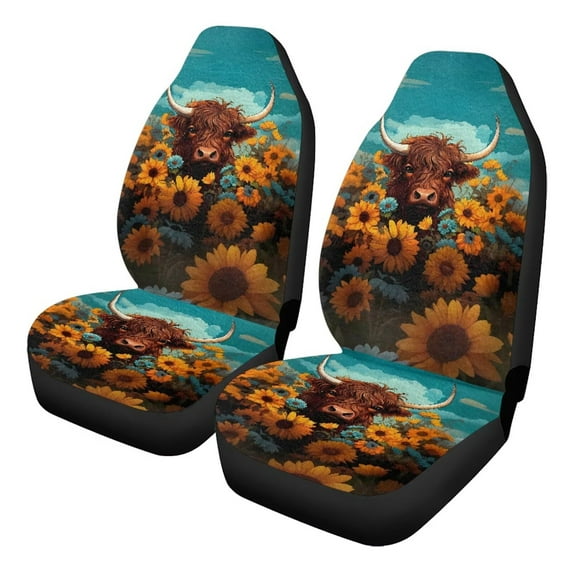Uorisanigo Car Seat Covers 2 Pcs - Sunflower Highland Cow High Back Front Seat Covers Anti-Slip Soft Flurry Bucket Seats Cover for Trucks Van SUV Not Airbag Compatible