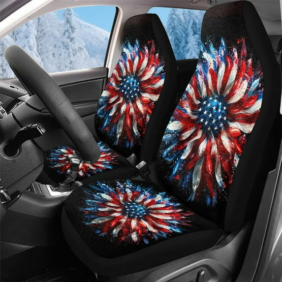 Uorisanigo Car Seat Covers – 2 Pcs USA Flag Colored Sunflower Bucket Auto Front Seat Protectors for Ultimate Comfort & Protection, Easy Installation and Universal Fit for Most Cars SUVs Trucks