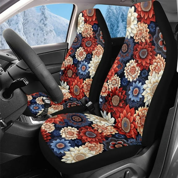 Uorisanigo Car Seat Covers, 2 pcs Front Auto Cushion Cover, Fluffy Boho Flower Print Bucket Seat Cover for Auto Interior Accessories with Soft Fuzzy Non-Slip
