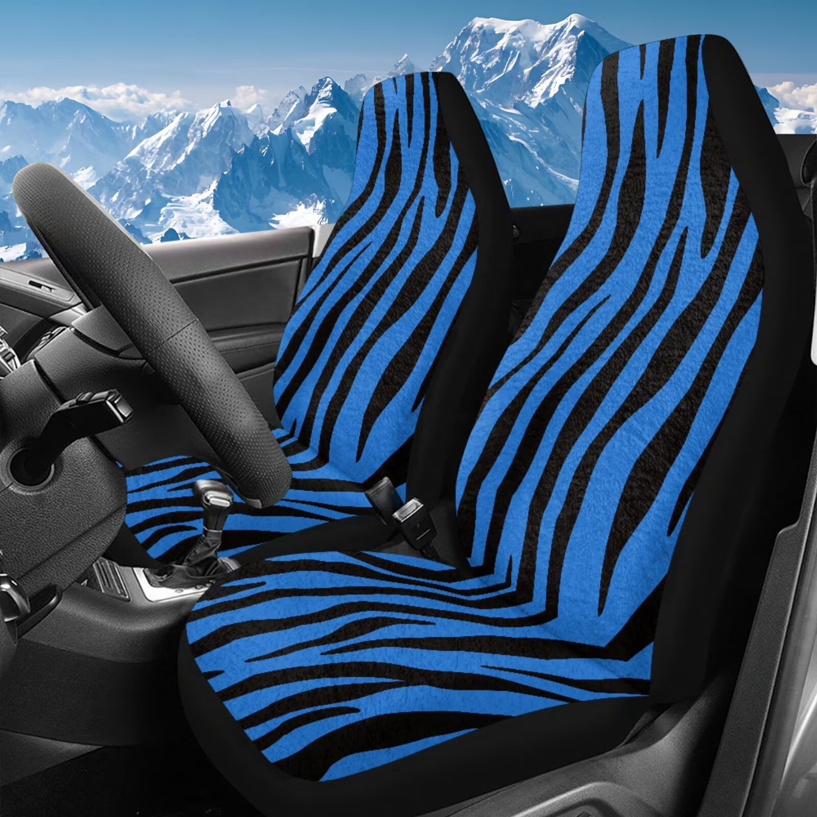 Uorisanigo Car Seat Covers 2pcs Blue Zebra Stripes High Back Front Seat Cushion Covers for Women Men Car Accessories Coral Velvet Fabric Seats Cover for Most Vehicles, All Weather Protection
