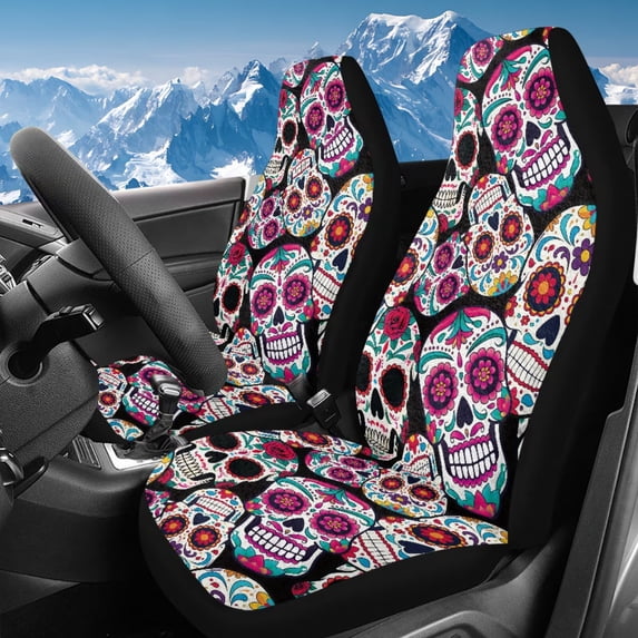 Uorisanigo Car Seat Covers, Car Cushion Covers 2 Front Seats, Auto Accessories Decor, Universal Soft Blanket Cloth Sugar Skull Print Seat Cover Fit for Most Automotive Truck SUV