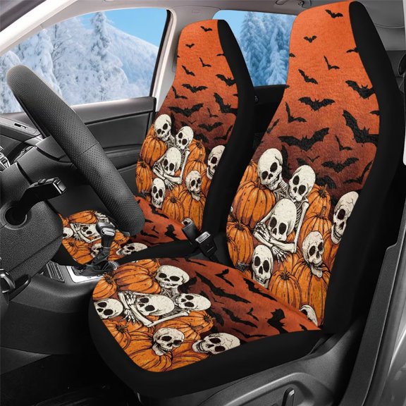 Uorisanigo Car Seat Covers for Front Seat, Coral Velvet Fabric Skull Bat Front Seats Cover, Washable Seats Covers Universal Fit for Most Cars SUV Trucks - 2 Pieces