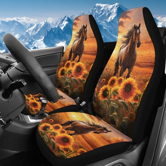 Uorisanigo Car Seat Covers for Front Seat, High Back Heavy Duty Seats Protectors, 2pcs Sunflower Horse Bucket Seats Covers for Cars, Trucks, Van, SUV, Not Airbag Compatible