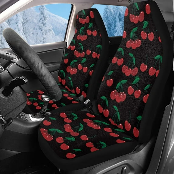 Uorisanigo Car Seat Covers Front Seats Only, 2 Pack Cherry Print Auto Seat Protectors, Fluffy Seats Cushions for Auto Interior Accessories with Soft Fuzzy Non-Slip