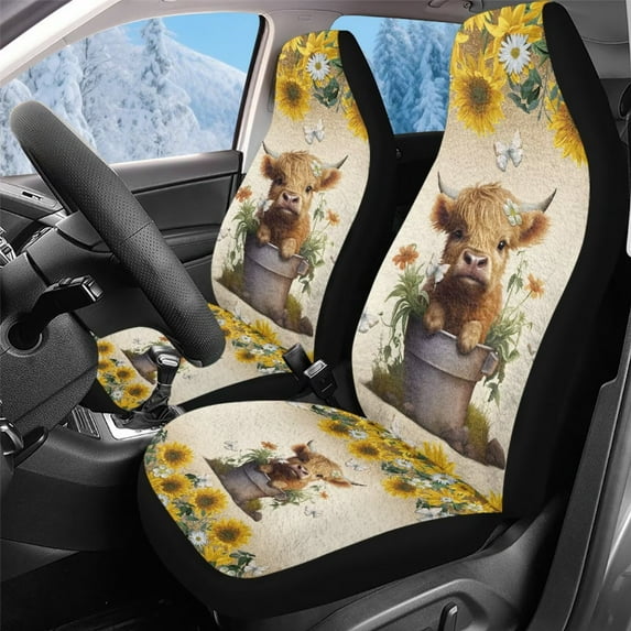 Uorisanigo Car Seat Covers Front Seats Only, 2-Piece Universal Seat Covers for Cars, Coral Velvet Fabric, Sunflower Highland Cow Automotive Seats Cover for Trucks SUV