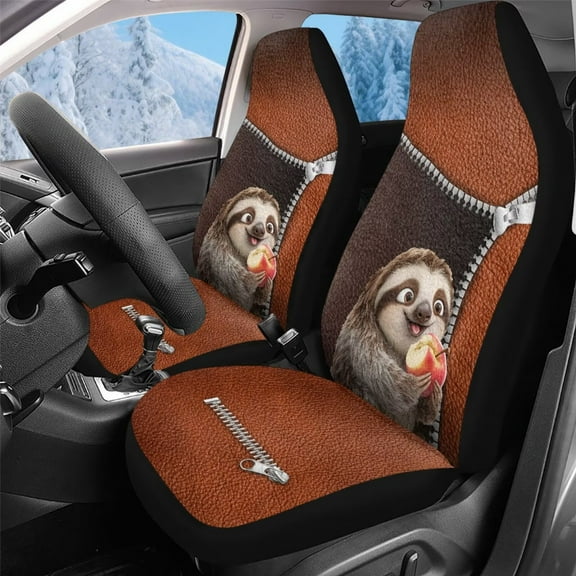 Uorisanigo Car Seat Covers Front Seats Only, Auto Accessories Decoration, 2pcs Kawaii Sloth Print Car Seat Covers for SUV, Seats Interior Cover for Trucks, Easy to Install