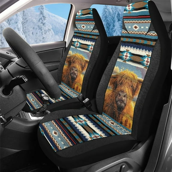 Uorisanigo Car Seat Covers Front Seats Only, Easy to Install Highland Cow Aztec Cover Set, Soft and Comfortable Accessories Auto Trucks Van SUV,2 Packs