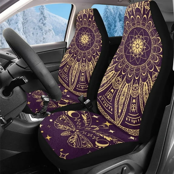 Uorisanigo Car Seat Covers Front Seats Only Stylish Purple Golden Mandala Car Accessories for Women, Soft Plush Auto Seat Cover 2 Packs for Cars, Truck, SUV