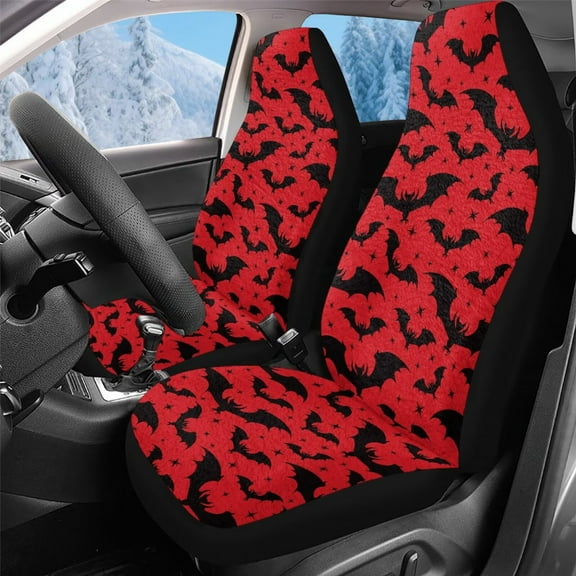 Uorisanigo Car Seat Covers Front Set 2 Packs, 2 Pcs Plush Fluffy Red Black Bat Seat Protectors, Universal Fit Interior Covers for Cars, Trucks, SUVs, Vans, Auto Accessories