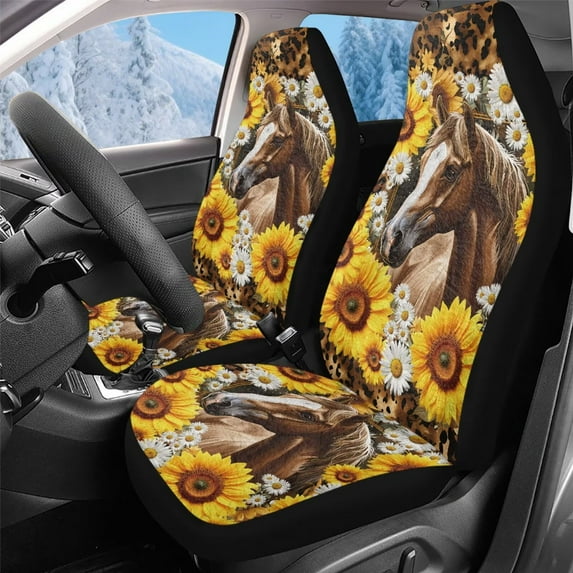 Uorisanigo Car Seat Covers Front Set 2 Packs, Plush Fluffy Sunflower Horse Seat Protectors, Universal Fit Interior Covers for Cars, Trucks, SUVs, Vans, Auto Accessories