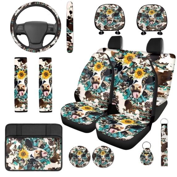 Uorisanigo Car Seat Covers Full Set with Funny Aztec Cow Print Steering Wheel Cover Car Seat Belt Covers Center Console Cover Head Rest Protector Universal for Auto Truck Van SUV, 14 Pieces