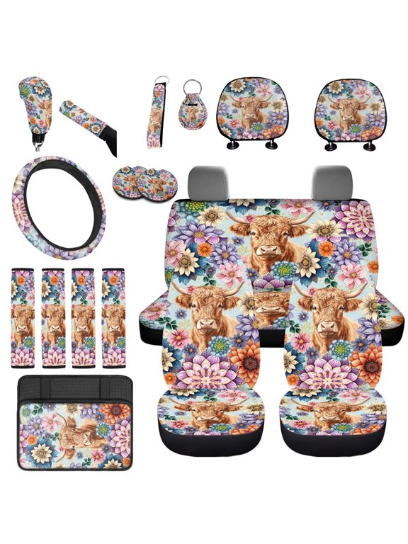Car Seat Covers Full Set Highland Cow Dahlia 18Pack Steering Wheel Protector Universal Center Console Cover Headrest Handbrake Cover Seat Belt Pads Cup Holder Coaster and Keychain