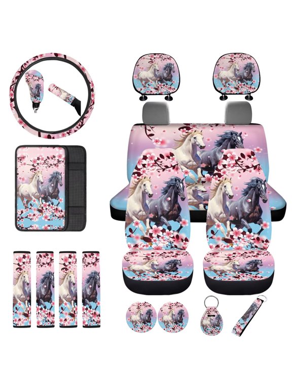 Car Seat Covers Full Set Horse Cherry Blossom with Center Console Pad Seatbelt Covers Coasters Set Handbrake Gear Shift Headrest Cushion Steering Wheel Keyrings Trucks Sedan,Pack of 18