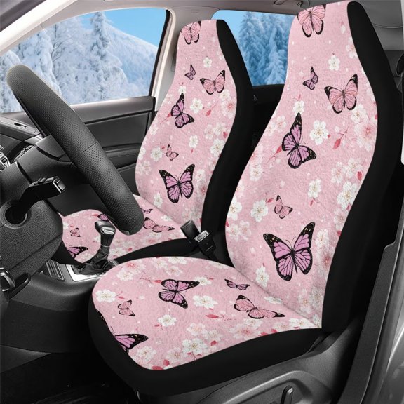 Uorisanigo Car Seat Covers, Plush Fluffy Pink Butterfly Front Seat Covers, Not Airbag Compatible, Washable 2 Pcs Seats Cover Fits for Most Cars, Trucks, SUVs, Vans