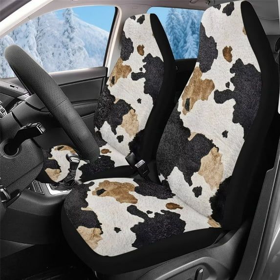 Uorisanigo Car Seat Covers, Plush Seat Covers, 2PCS Soft Coral Fleece Fabric Driver Seats Cover Protection Fit for Most SUV Trucks(Black and Brown Cow Print, Front Pair)