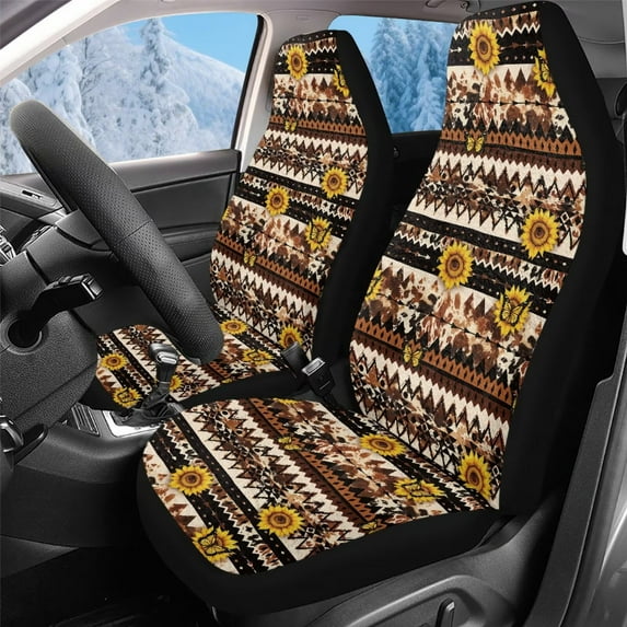 Uorisanigo Car Seat Covers Premium 2-Pack Front Set for Cars Interior Accessories Coral Velvet Cloth Sunflower Aztec Cow Print Car Seat Cover Front Set Universal Fit Cars Trucks and SUV