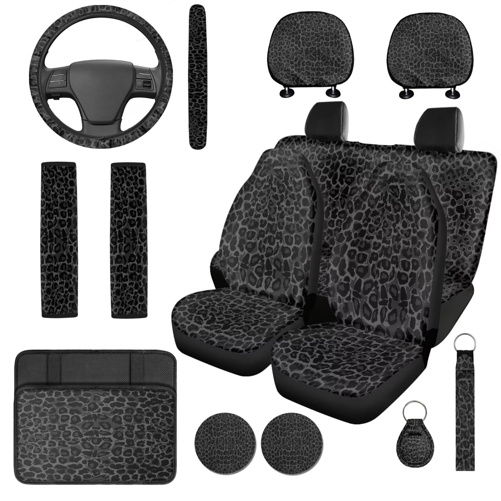 Uorisanigo Car Seat Covers Set of 14, Includes Gray Cheetah Leopard Print Steering Wheel Cover Armrest Cushion Protector Seat Belt Covers Universal Car Interior Accessories, Easy to Install