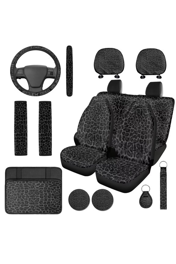 Car Seat Covers Set of 14, Includes Gray Cheetah Leopard Print Steering Wheel Cover Armrest Cushion Protector Seat Belt Covers Universal Car Interior Accessories, Easy to Install