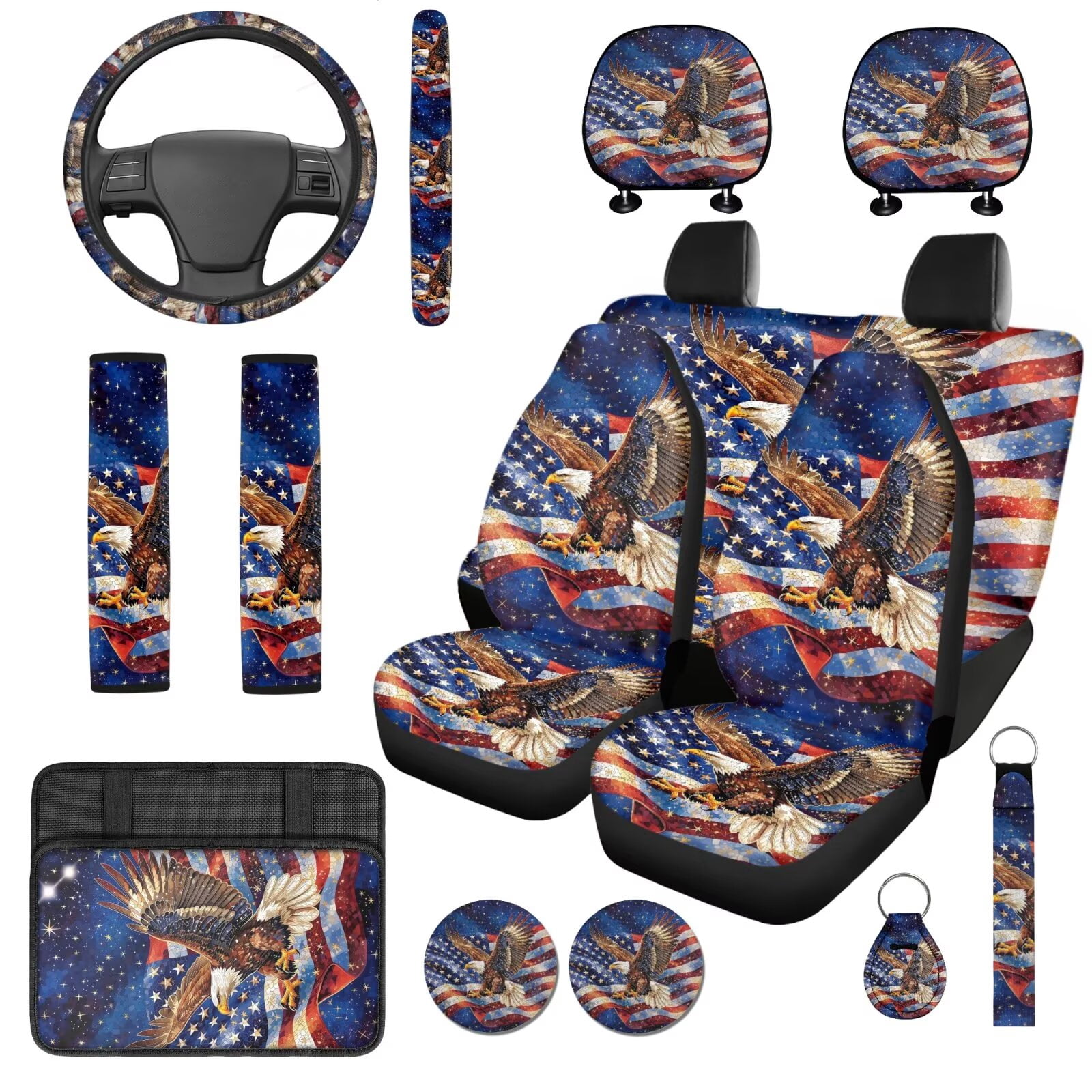 Uorisanigo Car Seat Covers Set 14 Pcs with Car Steering Wheel Cover Auto Seat Belt Cover Arm Rest Cover Head Rest Protector Universal for Auto Truck Van SUV(American Independence Day Eagle)