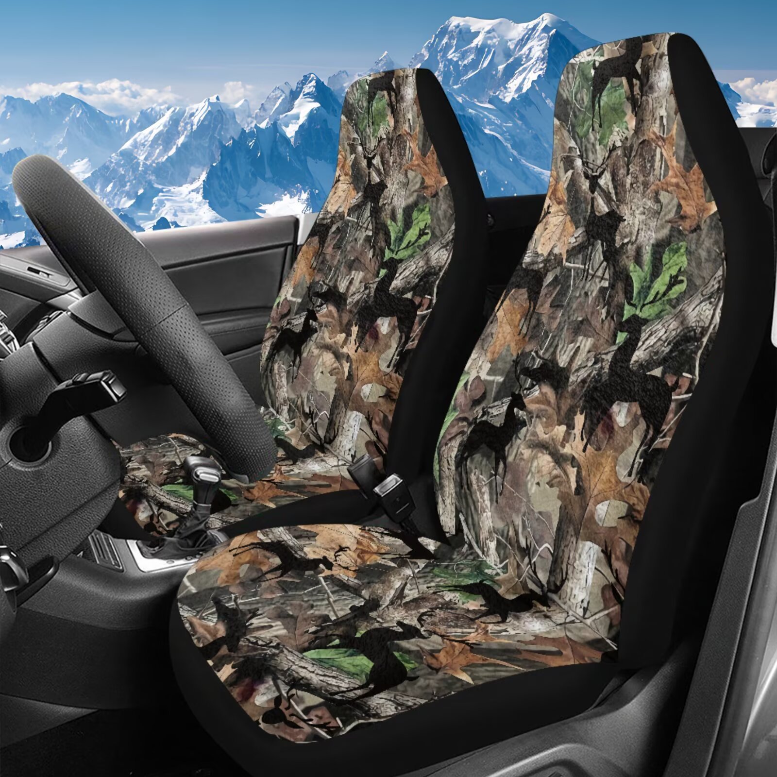 Uorisanigo Car Seat Covers, Universal Auto Interior High Back Bucket Seat Covers, Soft Flurry Camo Hunting Forest Automotive Seats Cover for Most Vehicles SUV Pick-up Truck