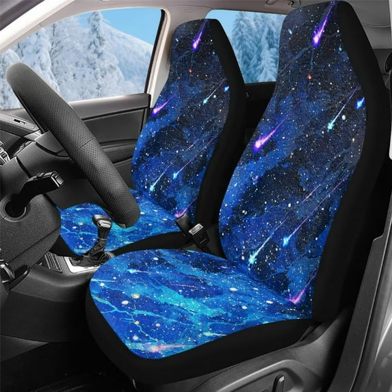 Uorisanigo Car Seat Covers Universal Fit for Most Vehicles, 2 Pcs High Back Front Seat Covers Anti-Slip Soft Flurry Blue Starry Print Bucket Seats Cushion, Car Accessories