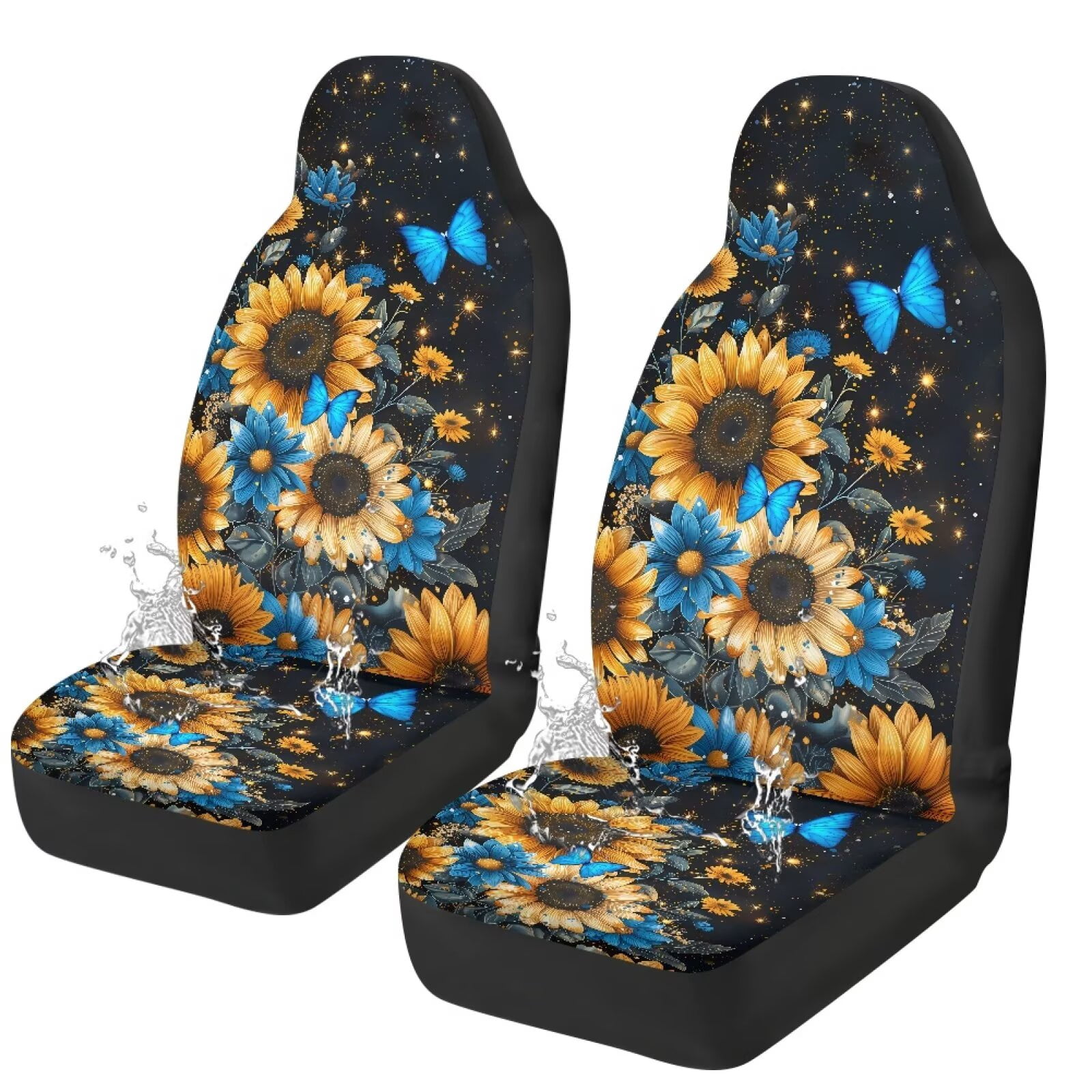 Uorisanigo Car Seat Covers Waterproof Blue Butterfly Sunflower Car Seat Cover for Front Seats Set of 2 Anti-Slip Back Fabric Easy to Install and Clean Universal for Auto Truck Van SUV
