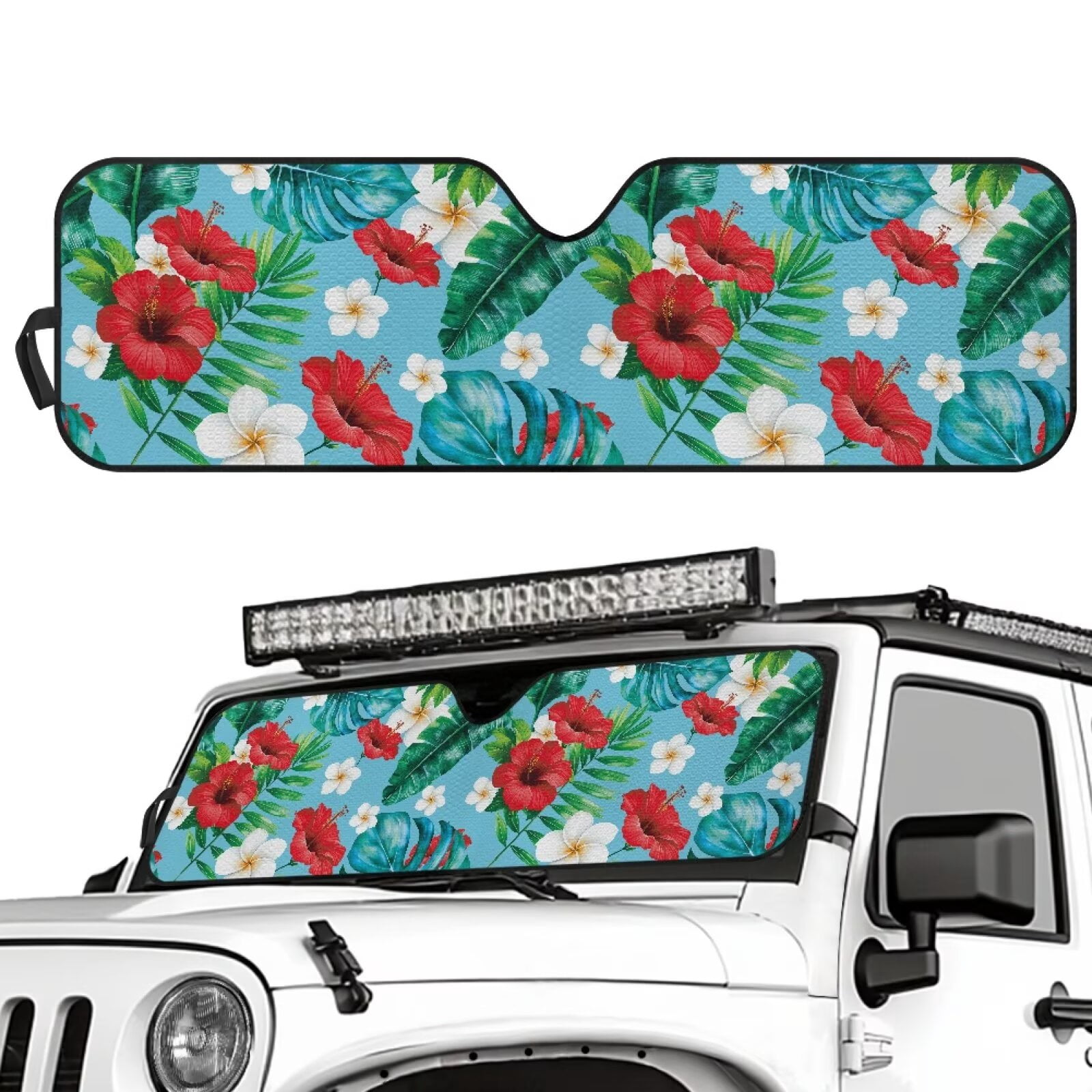 Uorisanigo Car Sun Shade Compatible with Jeep Wrangler TJ JK JKU 1996-2018 Foldable Hawaiian Hibiscus Windshield Cover Blocks UV Heat Sun Visor Protector Outdoor Camping Essential