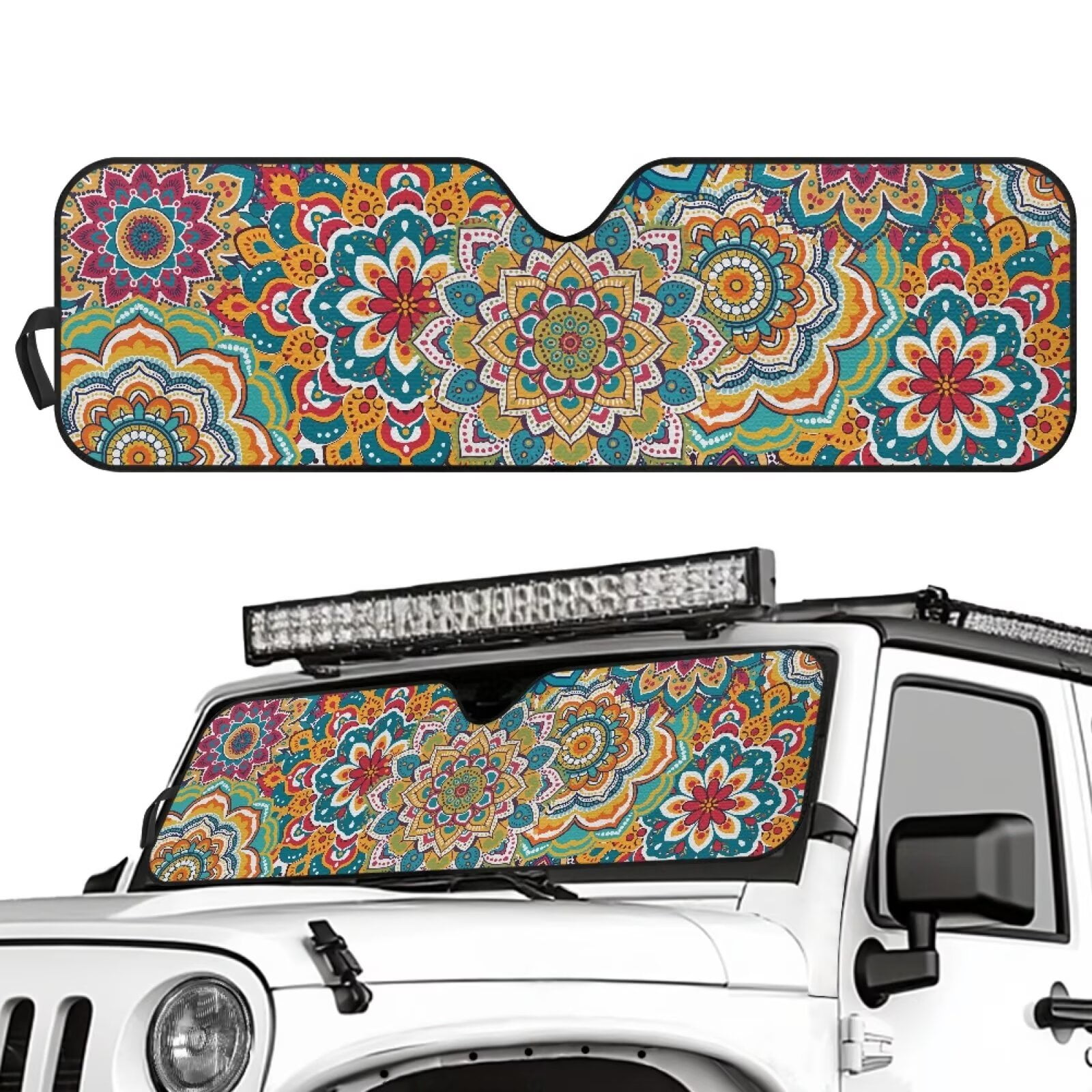 Uorisanigo Car Sun Shade, Windshield Sunshade Boho Mandala Floral Sun Visor for UV Rays & Heat Protection, Suitable for Wrangler JK JKU TJ 1997-2018, Accessories for Jeep Wrangler