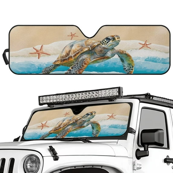Uorisanigo Car Sun Shade Windshield Sunshade Heat Shield Sunshade for Jeep Wrangler JL JLU 2018-2025 & Jeep Gladiator(JT) 2020-2025 Beach Turtle Starfish Sun Visor Mat Accessories for Interior
