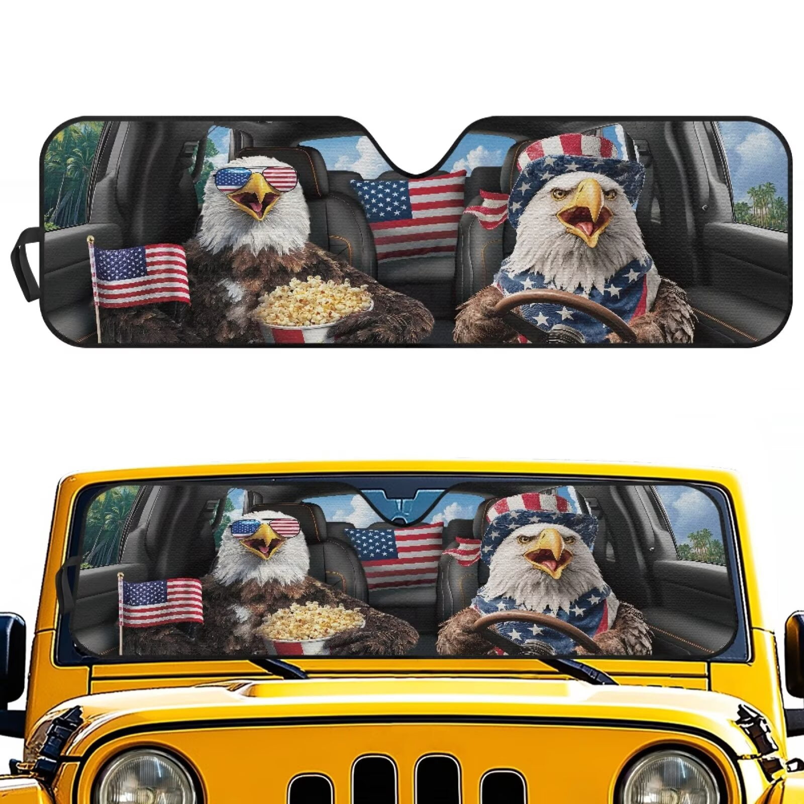 Uorisanigo Car Sun Shade Windshield Sunshade Heat Shield Sunshade Sun Visor Mat for Jeep Wrangler Rubicon Sahara TJ JK JKU 2 Door & 4 Door(Funny American Flag Ragle Driving)