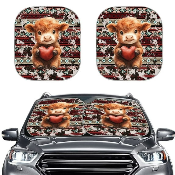 Uorisanigo Car Sunshade Cute 2 PCS Retro Aztec Geometric Heart Baby Highland Cow Block Uv Rays Sun Visors for Women Rectangular Sun Visor Sunlight Protector Keep Vehicle Cool Auto Accessories