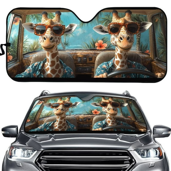 Uorisanigo Car Sunshade Foldable Hawaiian Giraffe Driving Hibiscus Flower Washable Front Windshield Sun Shade Reflective Sun Visor Sun Heat and UV Rays Blocker Vehicle Cooler for Cars, SUVs, Trucks