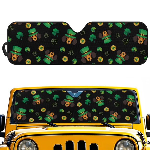 Uorisanigo Car Windshield Sun Shade for 1997-2018 Jeep Wrangler TJ JK JKU, Windshield Sunshade Cute Green Hat Dachshund Front Window Sun Visor, Blocks Sunlight Heat UV Rays