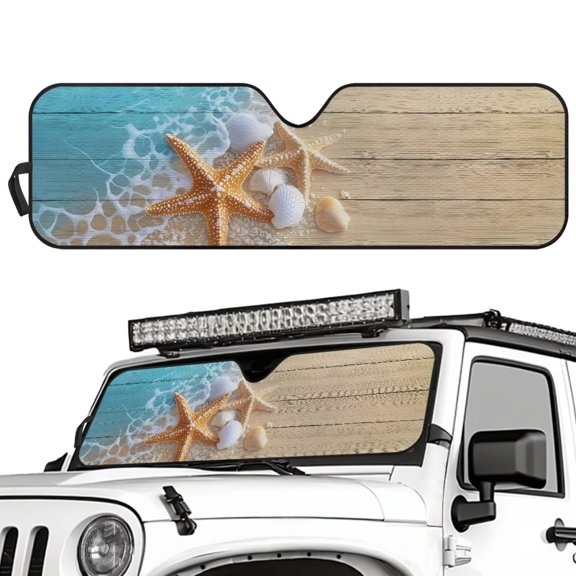 Uorisanigo Car Windshield Sun Shade for Wrangler, Compass, Gladiator & Renegade Accessories, Foldable Window Wood Starfish Shell Sunshade Block UV Rays and Sun Heat - 52.95x16.14 inches