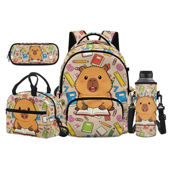 Uorisanigo Cartoon Capybara School Backpack for Boys 5-12, 17 Inch Bookbag Set with Meal Bag, Water Bottle Case and Pencil Holder, Durable and Lightweight for Daily School Use