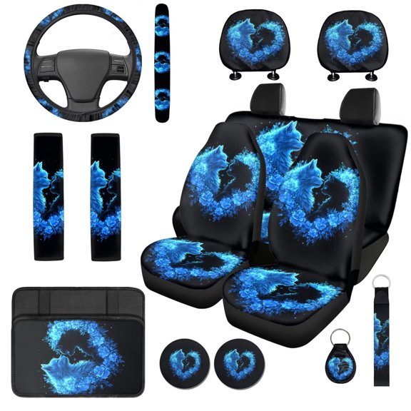 Uorisanigo Cat Floral 14 Pieces Auto Seat Cover with Car Steering Wheel Cover Cars Headrest Cover Car Armrest Cover Water Cup Pad Auto Seat Belt Cover Keychain Anti-slip Elastic Fit Cars,SUVs