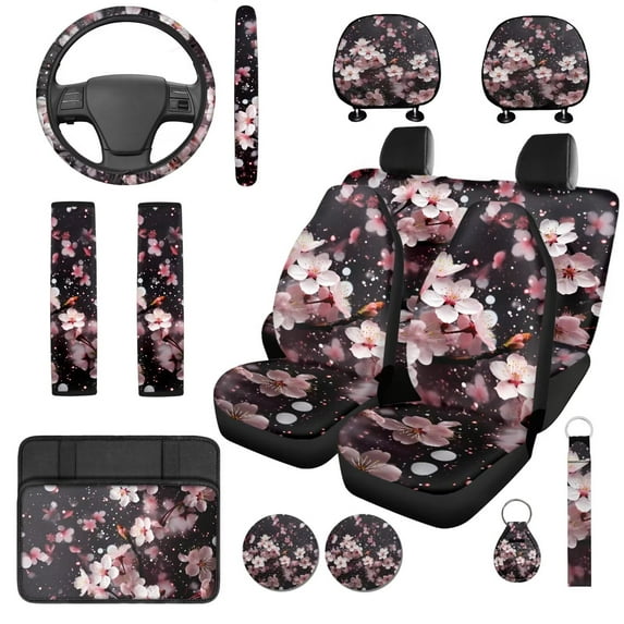 Uorisanigo Cherry Blossom 14 Pieces Automobile Seat Cover Sets Steering Wheel Cover Car Headrest Cover Center Console Cover Cars Seat Belt Pad Cover Keychain Comfortable Fit Most Car,Suv