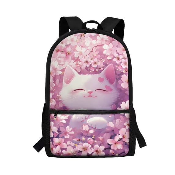 Uorisanigo Cherry Blossom Cat 17 inch Kids Backpack School 5-15 with Side Mesh Pocket Casual Basic Bookbag Travel Rucksack for Elementary Kindergarten Preschool Student School Bag