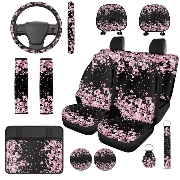 Uorisanigo Cherry Blossom Print 14 Pieces Car Seat Covers Full Set with Auto Steering Wheel Cover Cars Headrest Cover Cars Console Cover Seat Belt Pads Keychain Comfortable Soft Fit Car SUV