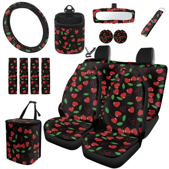Uorisanigo Cherry Printed 15 Pack Car Seat Cover Full Set with Steering Wheel Protector Seat Belt Cushion Car Coaster Hanging Garbage Bin Mount Phone Holder Rearview Cover Wrist Keychain
