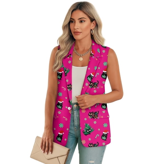 Uorisanigo Christmas Black Cat Vests for Women Sleevless Size 3XL with Pockets V Neck Blazer Vest for Women Lightweight Waistcoat Vests Casual