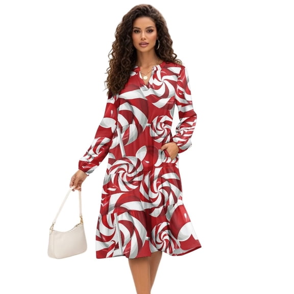 Uorisanigo Christmas Candy Dress for Women Elegant V Neck Comfy Casual Fashion Dress Elastic Cozy Long Sleeve Christmas Midi Dresses, Size 2XL
