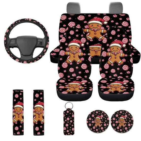 Uorisanigo Christmas Candy Gingerbread Man 10 Pcs Cars Seat Covers Sets Car Steering Wheel Cover Car Seat Belt Cover and Water Cup Coaster Comfortable Anti-slip Auto Cover for Cars SUVs