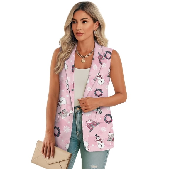Uorisanigo Christmas Cute Snowman Women's Long Vest Jacket Open Front with Pockets Sleeveless Womens Waistcoat Vest Size L V Neck Blazer Vests Fashion