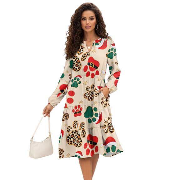 Uorisanigo Christmas Dog Paw Dress for Women Elegant Midi Elegant Flowy Fashion Dress V Neck Elastic Cozy Midi Party Long Dresses, Size Medium