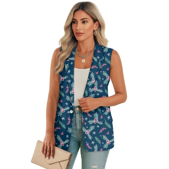 Uorisanigo Christmas Holly Print Women's Sleeveless Blazers Open Front V Neck Waistcoat Vest for Women Size 5XL Loose Vest Blazer Elegant Outerwear