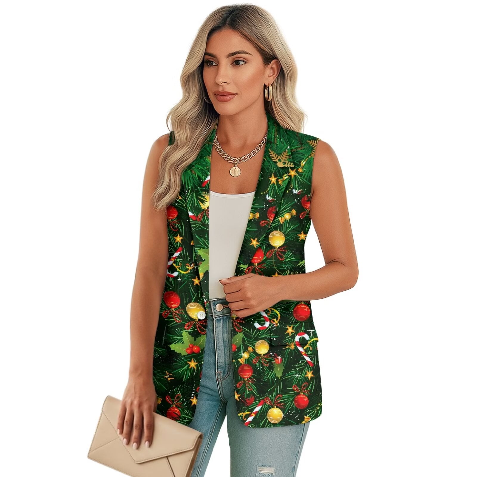 Christmas Leaf Print Women's Jacket Vest Size S Open Front with Pockets Women's Suit Vest Top Button Down V Neck Blazers Suit Vests Top Casual