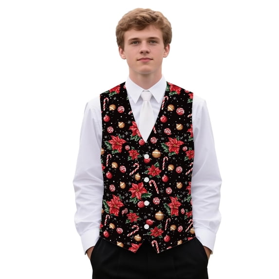 Uorisanigo Christmas Red Flowers Men's Vest Jacket Sleeveless Vest for Men Casual Size 2XL Regular Fit V Neck Waistcoat Suit Vests Fashion Fit for Casual Dress